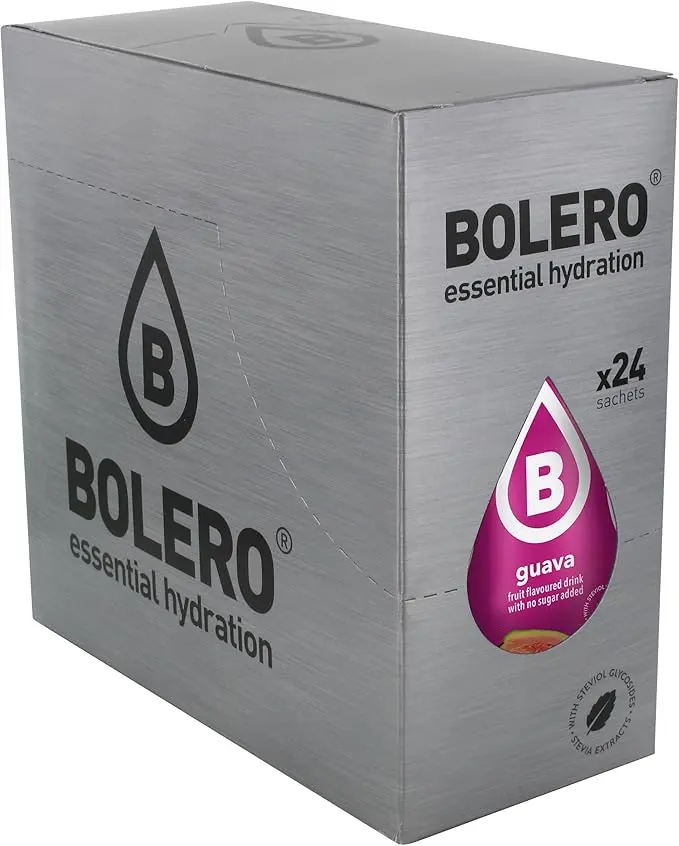 Bolero Bebida Instantánea Sabor Guayaba, Caja de 24x9g. Un refresco en polvo bajo en calorías y sin azúcar con Stevia, ideal para la hidratación diaria o deportiva.