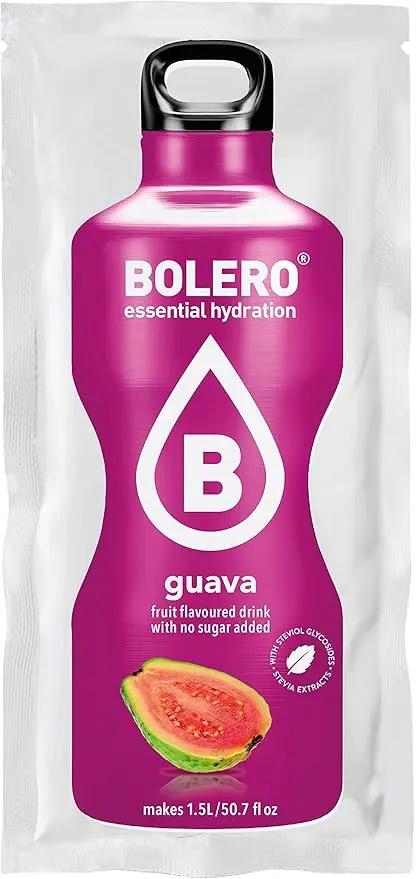Bolero Bebida Instantánea Sabor Guayaba, Pack de 12x9g. Un refresco en polvo sin azúcar, sin gluten y con Stevia, enriquecido con Vitamina C. Apto para dietas saludables.
