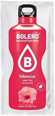 Bolero Bebida Instantánea Sabor Hibisco, Pack de 12x9g. Un refresco en polvo sin azúcar, bajo en calorías y con Stevia para una hidratación saludable con un sabor único y floral.