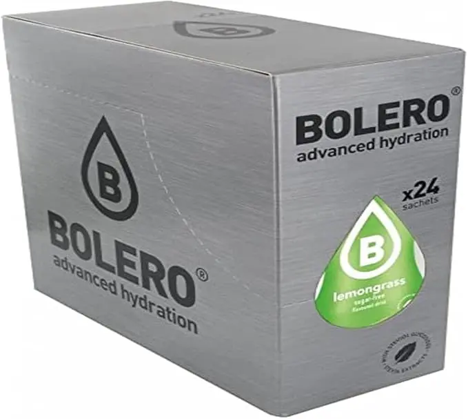 Bolero Bebida Instantánea Sabor Hierba Limón, Caja de 24x9g. Un refresco en polvo bajo en calorías y sin azúcar con Stevia, ideal para una hidratación óptima con un toque cítrico y herbal.