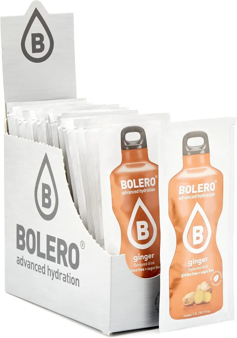 Bolero Bebida Instantánea Sabor Jengibre, Caja de 24x9g. Un refresco en polvo bajo en calorías y sin azúcar con Stevia, ideal para la hidratación diaria o deportiva.