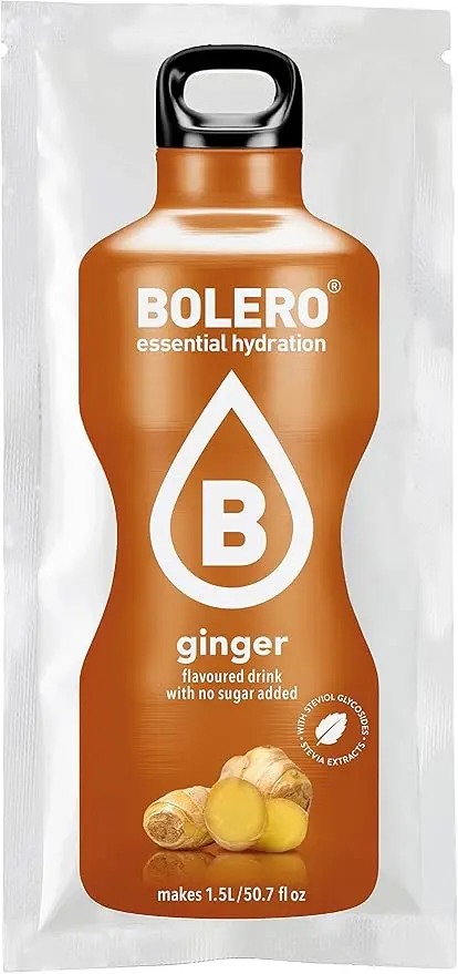 Bolero Bebida Instantánea Sabor Jengibre, Pack de 12x9g. Un refresco en polvo sin azúcar, bajo en calorías y con Stevia para una hidratación saludable con un sabor único y especiado.