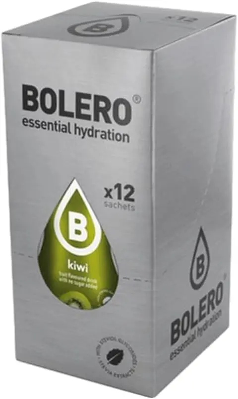 Bolero Bebida Instantánea Sabor Kiwi, Pack de 12x9g. Un refresco en polvo bajo en calorías y sin azúcar con Stevia, ideal para la hidratación diaria o durante el deporte.