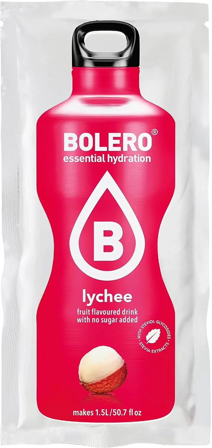 Bolero Bebida Instantánea Sabor Lichi, Pack de 12x9g. Un refresco en polvo sin azúcar, vegano y sin gluten, endulzado con Stevia para una hidratación saludable.