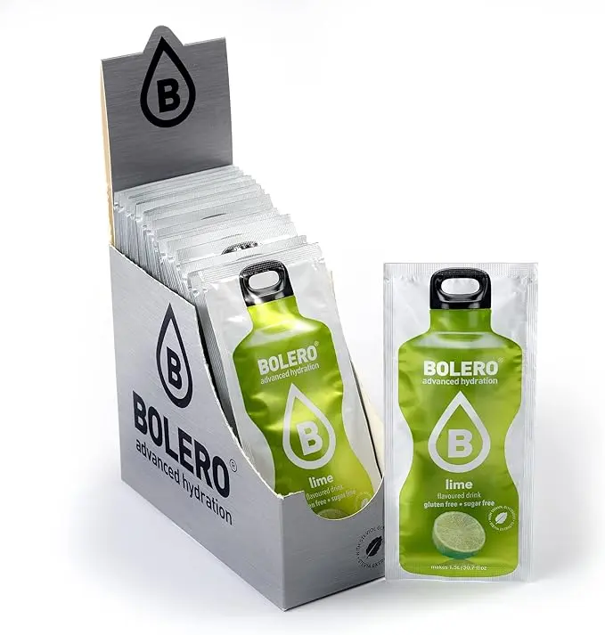 Bolero Bebida Instantánea Sabor Lima, Caja de 24x9g. Un refresco en polvo bajo en calorías y sin azúcar con Stevia, ideal para la hidratación diaria o durante el deporte.