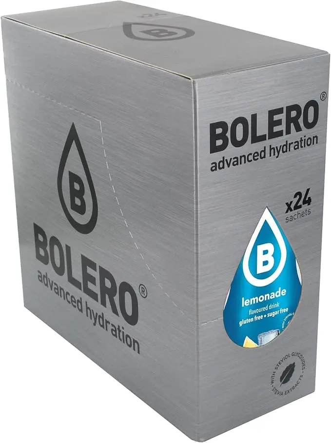 Bolero Bebida Instantánea Sabor Limonada, Caja de 24x9g. Preparado en polvo sin azúcar con Stevia y Vitamina C para una hidratación saludable, baja en calorías y llena de sabor.