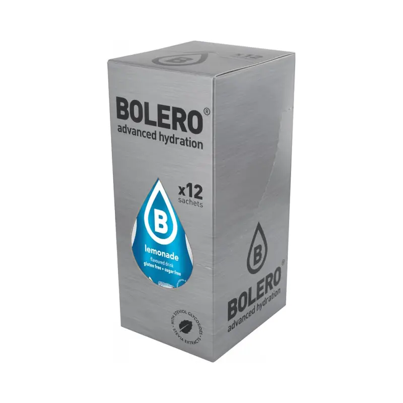 Bolero Bebida Instantánea Sabor Limonada, Pack de 12x9g. Un refresco en polvo bajo en calorías y sin azúcar con Stevia, ideal para la hidratación diaria o deportiva.