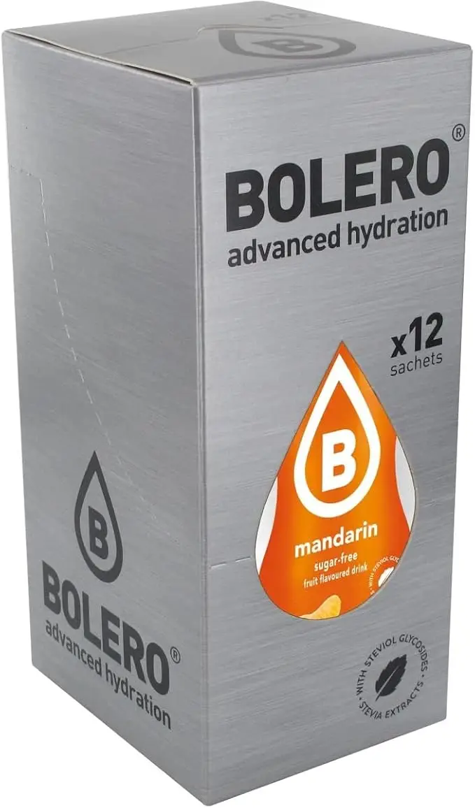 Bolero Bebida Instantánea Sabor Mandarina, Pack de 12x9g. Un refresco en polvo sin azúcar con Stevia y Vitamina C para disfrutar de una hidratación cítrica, saludable y deliciosa.