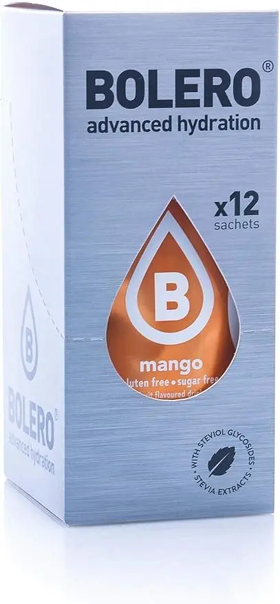 Bolero Bebida Instantánea Sabor Mango, Pack de 12x9g. Un refresco sin azúcar, bajo en calorías y con Stevia para una hidratación óptima y llena de sabor.