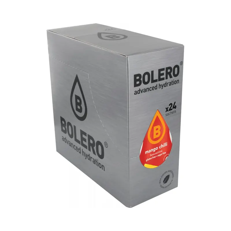 Bolero Bebida Instantánea Sabor Mango y Chile, Pack de 24x9g. Un refresco en polvo sin azúcar, bajo en calorías y con Stevia para una hidratación atrevida y llena de sabor.