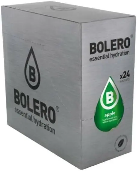 Bolero Bebida Instantánea Sabor Manzana, Caja de 24x9g. Preparado en polvo sin azúcar con Stevia y Vitamina C para una hidratación saludable, baja en calorías y llena de sabor.