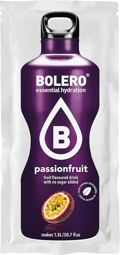 Bolero Bebida Instantánea Sabor Maracuyá, Pack de 12x9g. Un refresco sin azúcar, sin gluten y con Stevia, enriquecido con Vitamina C. Apto para diabéticos, celíacos y dietas keto.