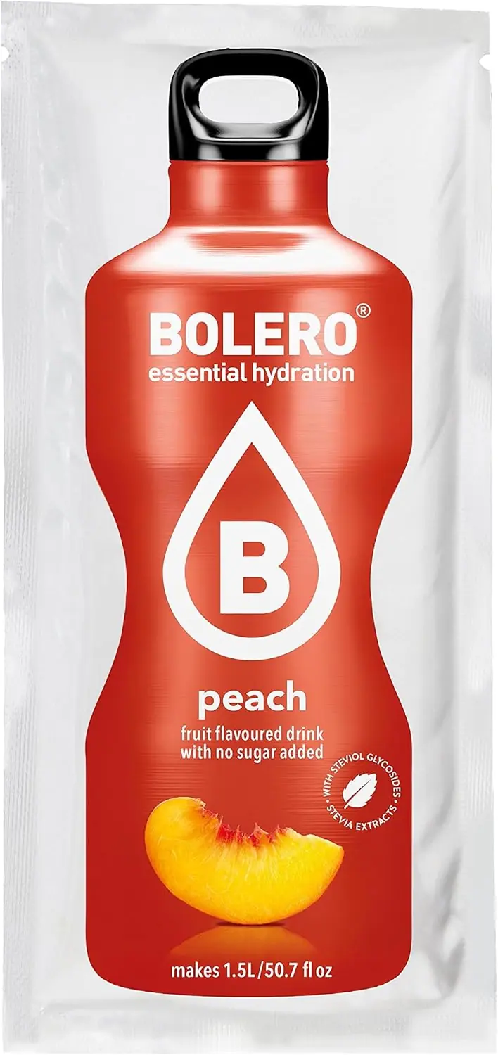 Bolero Bebida Instantánea Sabor Melocotón, Caja de 12x9g. Preparado en polvo sin azúcar con Stevia y Vitamina C para una hidratación saludable, baja en calorías y llena de sabor.