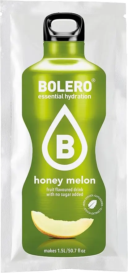 Bolero Bebida Instantánea Sabor Melón con Miel, Pack de 12x9g. Preparado en polvo sin azúcar con edulcorantes y Stevia para disfrutar de un refresco saludable y bajo en calorías.
