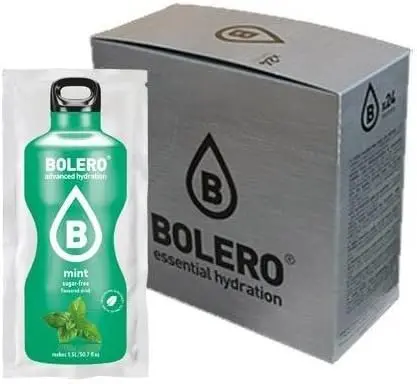 Bolero Bebida Instantánea Sabor Menta, Caja de 24x9g. Preparado en polvo sin azúcar con Stevia y Vitamina C para una hidratación saludable, baja en calorías y llena de sabor.
