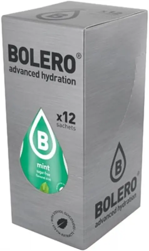 Bolero Bebida Instantánea Sabor Menta, Pack de 12x9g. Un refresco en polvo bajo en calorías y sin azúcar con Stevia, ideal para la hidratación diaria o para tus cócteles.