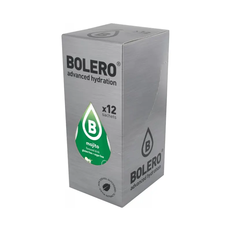 Bolero Bebida Instantánea Sabor Mojito, Caja de 24x9g. Un refresco en polvo bajo en calorías y sin azúcar con Stevia, ideal para la hidratación diaria o para tus cócteles sin alcohol.