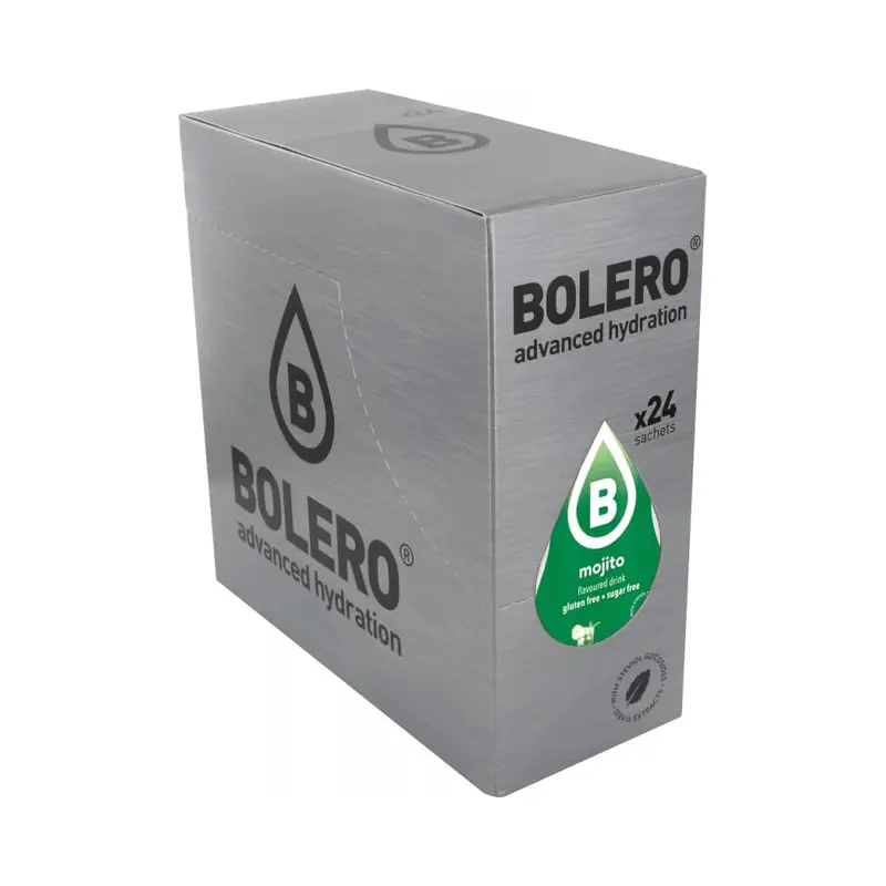 Bolero Bebida Instantánea Sabor Mojito, Caja de 24x9g. Un refresco en polvo sin azúcar, bajo en calorías y con Stevia para una hidratación saludable con un delicioso sabor a cóctel.