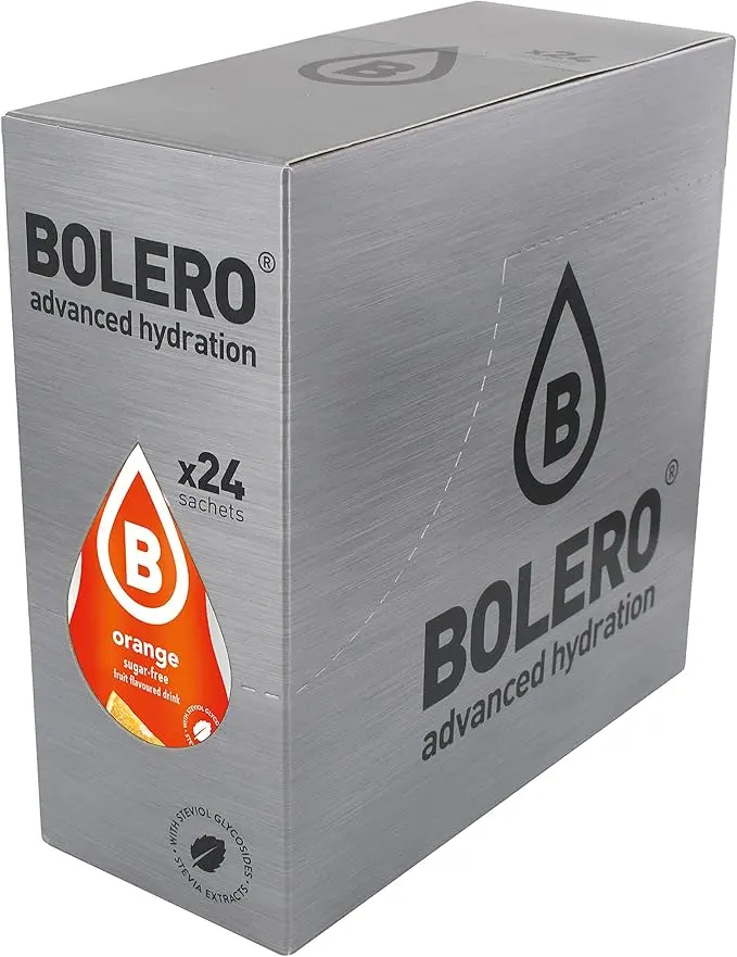 Bolero Bebida Instantánea Sabor Naranja, Caja de 24x9g. Preparado en polvo sin azúcar con Stevia y Vitamina C para una hidratación deliciosa, saludable y baja en calorías.