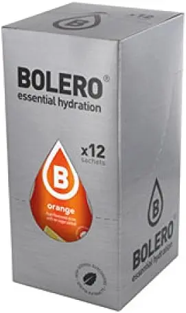 Bolero Bebida Instantánea Sabor Naranja, Pack de 12x9g. Un refresco en polvo bajo en calorías y sin azúcar con Stevia, ideal para la hidratación diaria o durante el deporte.