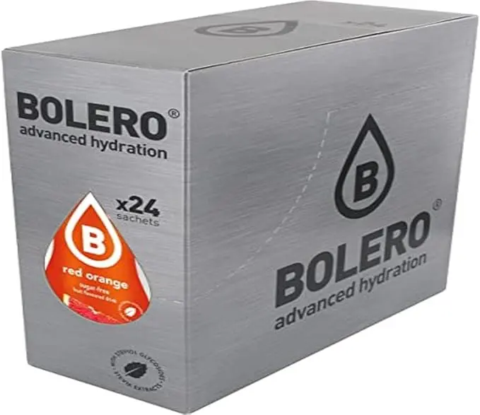 Bolero Bebida Instantánea Sabor Naranja Roja, Caja de 24x9g. Preparado en polvo sin azúcar, cero carbohidratos y con Stevia para una hidratación saludable y llena de sabor.
