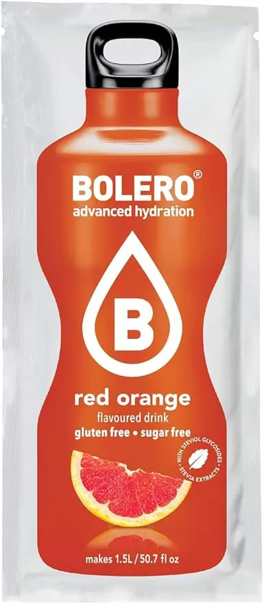 Bolero Bebida Instantánea Sabor Naranja Roja, Pack de 12x9g. Un refresco en polvo bajo en calorías y sin azúcar con Stevia, ideal para la hidratación diaria o durante el deporte.