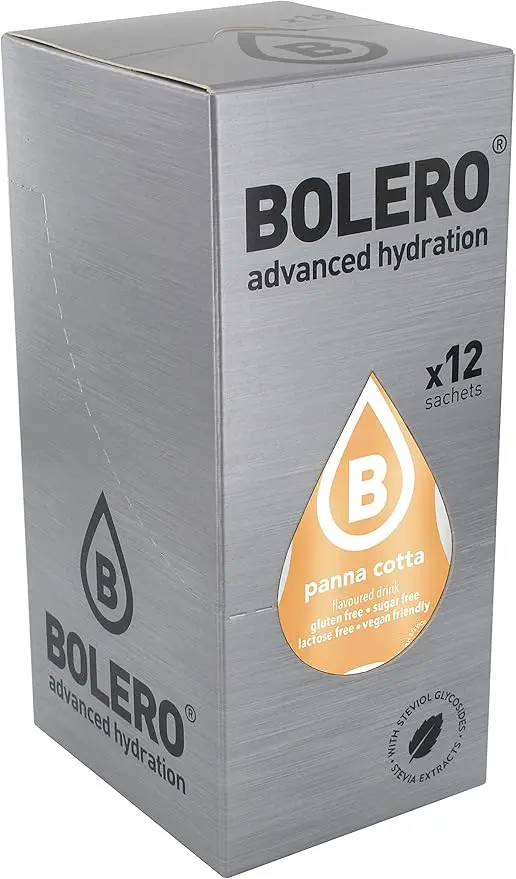 Bolero Bebida Instantánea Sabor Panna Cotta, Pack de 12x9g. Un refresco en polvo sin azúcar, bajo en calorías y con Stevia para una hidratación con sabor a postre.