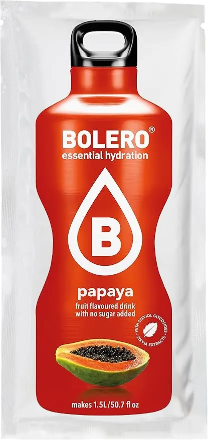 Bolero Bebida Instantánea Sabor Papaya, Pack de 12x9g. Un refresco en polvo sin azúcar, vegano y sin gluten, endulzado con Stevia para una hidratación saludable.