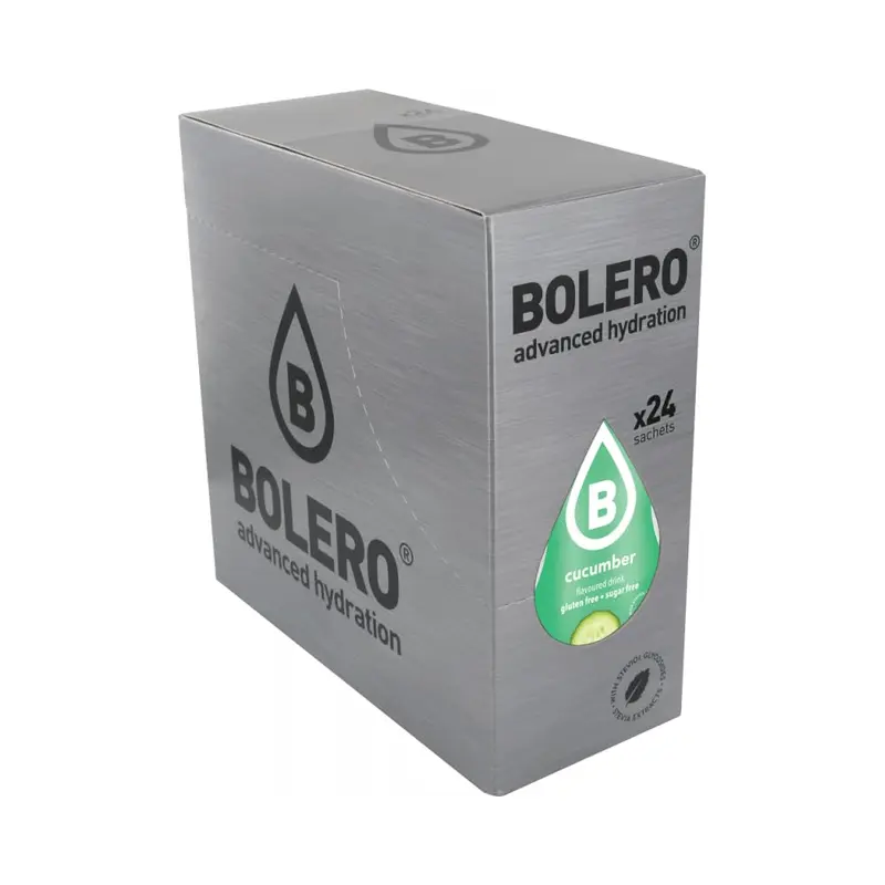 Bolero Bebida Instantánea Sabor Pepino, Caja de 24x9g. Un refresco en polvo sin azúcar, bajo en calorías y con Stevia para una hidratación saludable con un sabor único y refrescante.