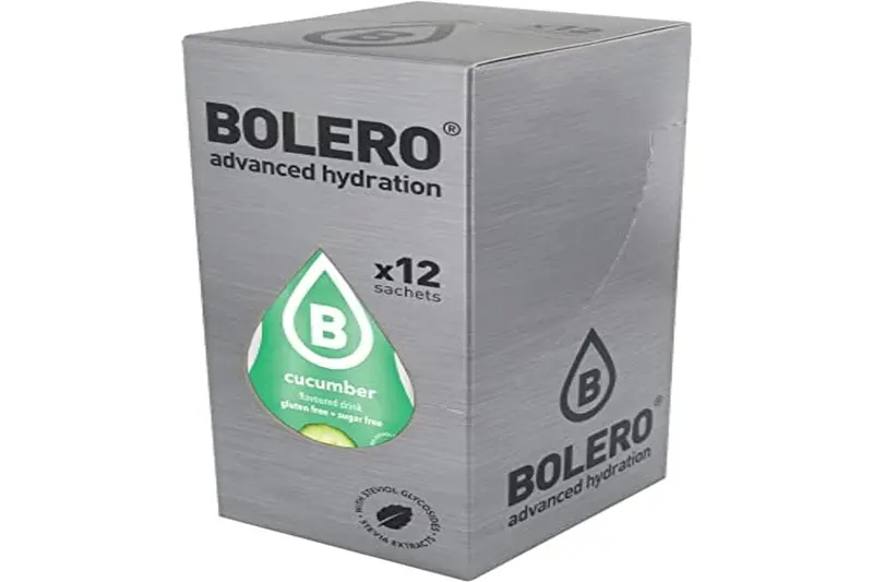 Bolero Bebida Instantánea Sabor Pepino, Pack de 12x9g. Un refresco en polvo sin azúcar, bajo en calorías y con Stevia para una hidratación saludable con un sabor único y refrescante.