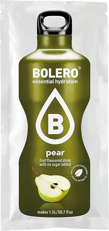 Bolero Bebida Instantánea Sabor Pera, Pack de 12x9g. Un refresco sin azúcar, sin gluten y con Stevia, enriquecido con Vitamina C. Apto para diabéticos, celíacos y dietas keto.