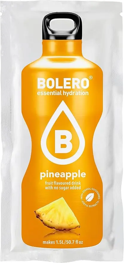 Bolero Bebida Instantánea Sabor Piña, Pack de 12x9g. Un refresco sin azúcar, sin gluten y con Stevia, enriquecido con Vitamina C. Apto para diabéticos, celíacos y dietas keto.