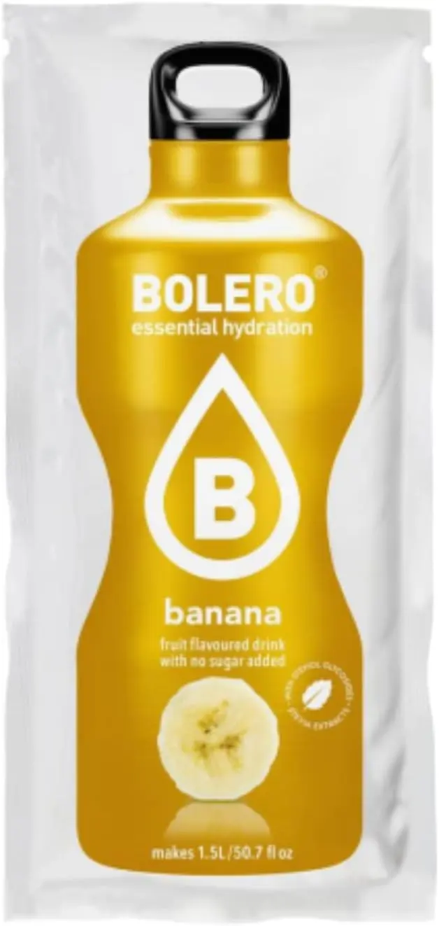 Bolero Bebida Instantánea Sabor Plátano, Caja de 24x9g. Preparado en polvo sin azúcar con Stevia y Vitamina C, un refresco saludable y bajo en calorías para una hidratación total.