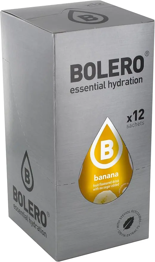 Bolero Bebida Instantánea Sabor Plátano, Pack de 12x9g. Un refresco en polvo bajo en calorías y sin azúcar con Stevia, ideal para la hidratación diaria o durante el deporte.