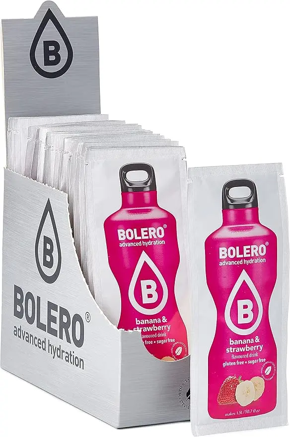 Bolero Bebida Instantánea Sabor Plátano y Fresa, Caja de 24x9g. Preparado en polvo sin azúcar, con Stevia y Vitamina C para una hidratación saludable, baja en calorías y llena de sabor.