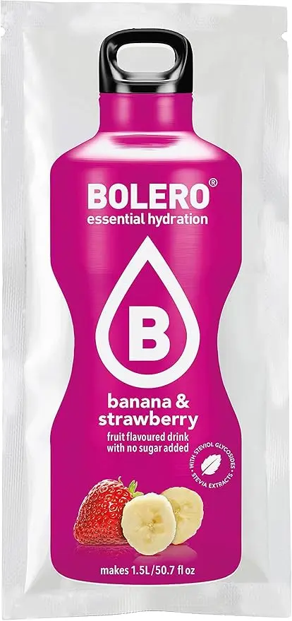 Bolero Bebida Instantánea Sabor Plátano y Fresa, Pack de 12x9g. Un refresco en polvo sin azúcar, bajo en calorías y con Stevia, ideal para la hidratación diaria o deportiva.