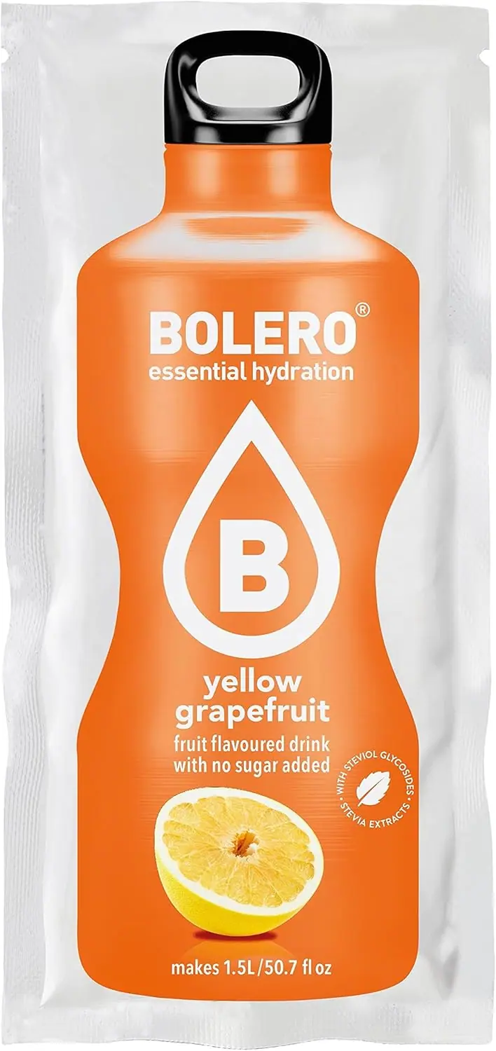 Bolero Bebida Instantánea Sabor Pomelo Amarillo, Pack de 12x9g. Un refresco en polvo sin azúcar, bajo en calorías y con Stevia para una hidratación saludable y llena de sabor.