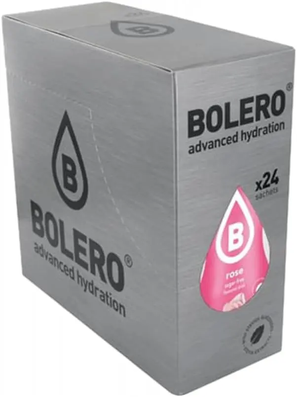 Bolero Bebida Instantánea Sabor Rosa, Caja de 24x9g. Un refresco en polvo bajo en calorías y sin azúcar con Stevia, ideal para una hidratación óptima con un delicado toque floral.