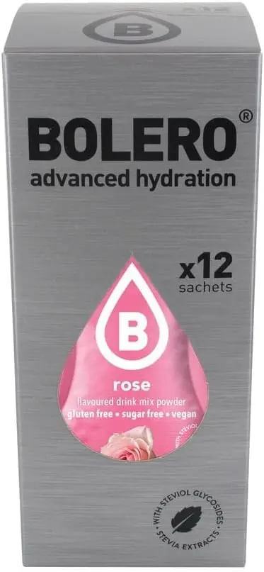 Bolero Bebida Instantánea Sabor Rosa, Pack de 12x9g. Un refresco en polvo bajo en calorías y sin azúcar con Stevia, ideal para la hidratación diaria o durante el deporte.