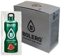 Bolero Bebida Instantánea Sabor Sandía, Caja de 24x9g. Preparado en polvo sin azúcar con Stevia y Vitamina C, un refresco saludable y bajo en calorías para una hidratación total.