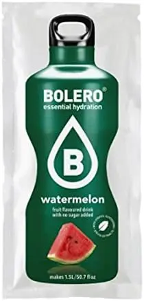 Bolero Bebida Instantánea Sabor Sandía, Caja de 48 sobres de 9g. Preparado en polvo sin azúcar, con Stevia y Vitamina C para un refresco saludable y veraniego.