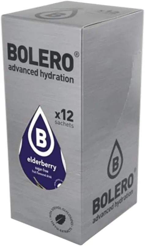 Bolero Bebida Instantánea Sabor Saúco, Pack de 12x9g. Un refresco en polvo sin azúcar, bajo en calorías y con Stevia para una hidratación saludable con un sabor único y floral.