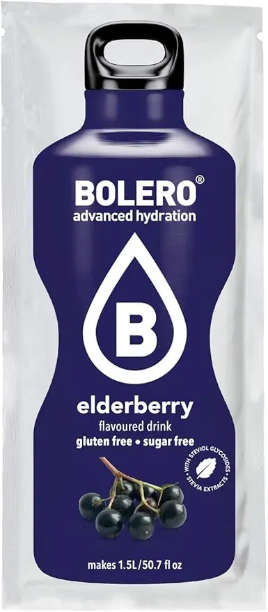 Bolero Bebida Instantánea Sabor Saúco, Pack de 12x9g. Un refresco en polvo sin azúcar, bajo en calorías y con Stevia para una hidratación saludable con un sabor único y floral.
