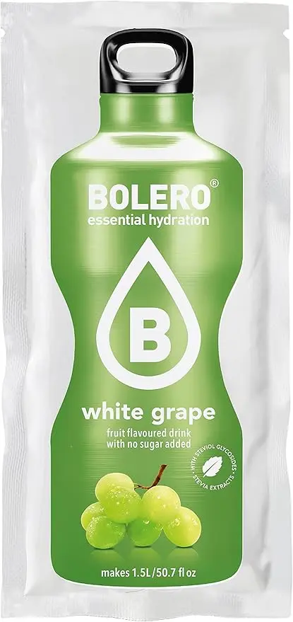 Bolero Bebida Instantánea Sabor Uva Blanca, Pack de 12x9g. Un refresco en polvo sin azúcar, sin gluten y con Stevia, enriquecido con Vitamina C. Apto para dietas saludables.