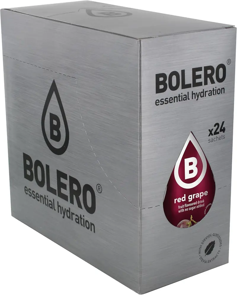 Bolero Bebida Instantánea Sabor Uva Roja, Caja de 24x9g. Un refresco en polvo bajo en calorías y sin azúcar con Stevia, ideal para la hidratación diaria o deportiva.
