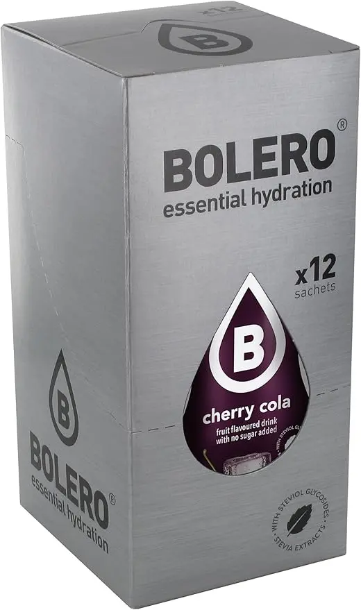 Bolero Bebida Instantánea Sin Azúcar, Sabor Cereza-Kola, Pack de 12x9g. Un refresco en polvo bajo en calorías y carbohidratos, con Stevia y sin conservantes artificiales.