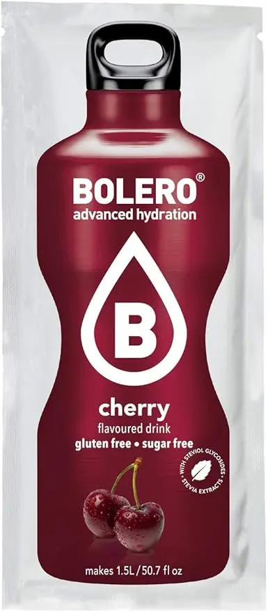 Bolero Bebida Instantánea Sin Azúcar, Sabor Cereza, Pack de 12x9g. Un refresco en polvo bajo en calorías y carbohidratos, con Stevia y Vitamina C.