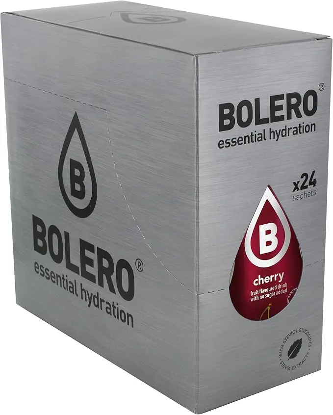 Bolero Bebida Instantánea Sin Azúcar, Sabor Cereza, Pack de 24x9g. Un refresco en polvo bajo en calorías y carbohidratos, con Stevia y Vitamina C.