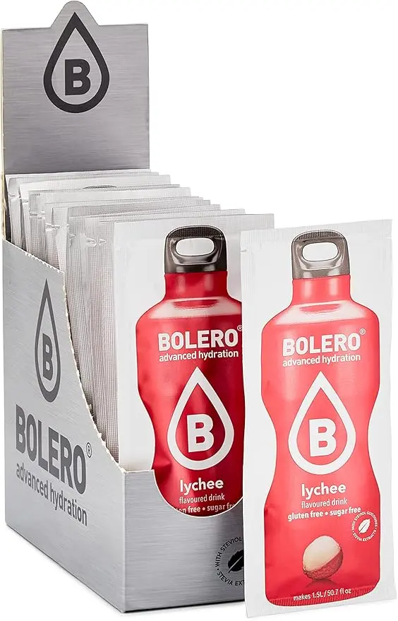 Bolero Bebida Instantánea Sin Azúcar, Sabor Lichi, Pack de 24x9g. Un refresco en polvo bajo en calorías y carbohidratos, con Stevia y Vitamina C.