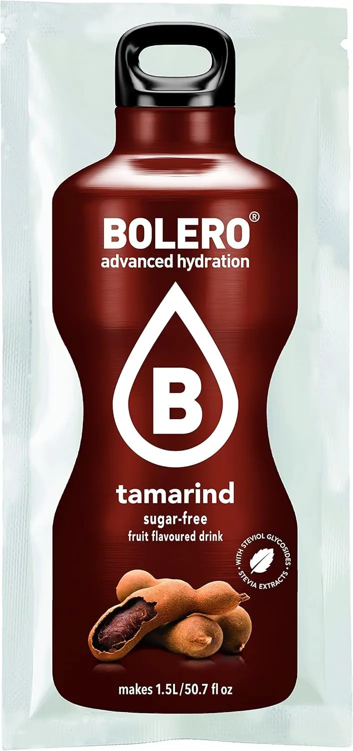 Bolero Bebida Instantánea Sin Azúcar, Sabor Tamarindo, Pack de 24x9g. Un refresco en polvo bajo en calorías y carbohidratos, con Stevia y Vitamina C.
